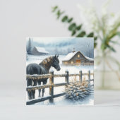 クリスマスの農場の黒い馬のパーソナライズ シーズンカード (スタンド正面)