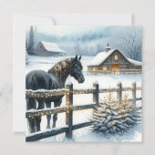 クリスマスの農場の黒い馬のパーソナライズ シーズンカード (正面)