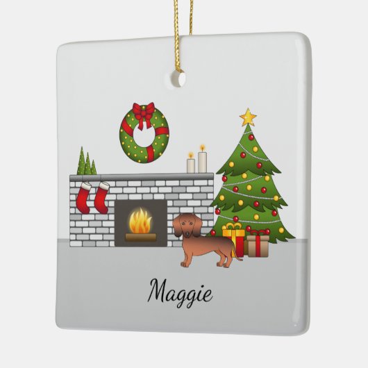 クリスマスの部屋で赤いセーブルスムースコートダックスシャンド セラミックオーナメント (左)