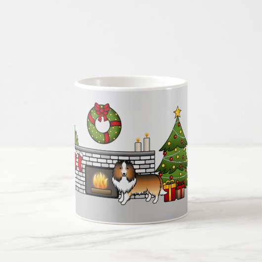 クリスマスの部屋のシェルティー コーヒーマグカップ (中央)