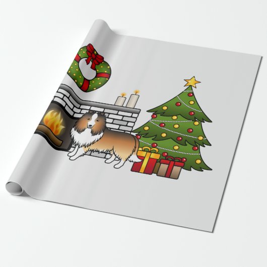 クリスマスの部屋のシェルティー ラッピングペーパー (アンロールド)