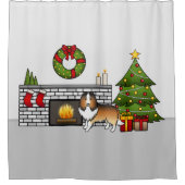 クリスマスの部屋のセーブルシェットランドシェプドッグ犬 シャワーカーテン (正面)