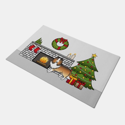 クリスマスの部屋のセーブルシェットランドシェプドッグ犬 ドアマット (アングル)