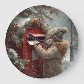 クリスマスの郵便箱 かわいいお祭り気分の冬の飾り ラージ壁時計 (正面)