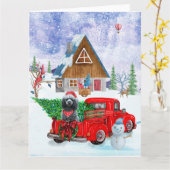 クリスマスの配達トラックに乗ったプードル犬の雪 カード (黄色い花)