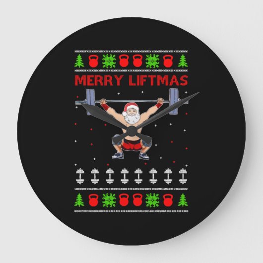 クリスマスの醜いクリスマスウエイトリフティング ラージ壁時計 (正面)