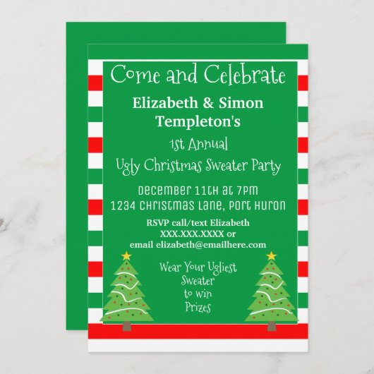 クリスマスの醜いスウェーター パーティーの招待状 招待状 (正面/裏面)
