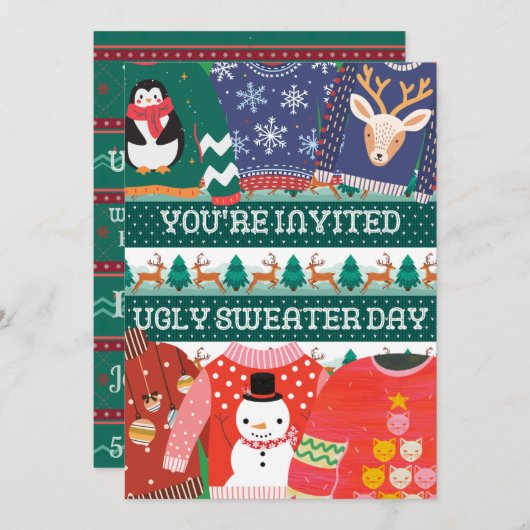 クリスマスの醜いセーターおもしろいデー企業のパーティー 招待状 (正面/裏面)