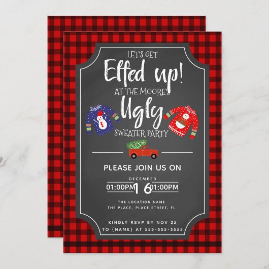 クリスマスの醜いセーターのパーティーの募金活動のイベント 招待状 (正面/裏面)