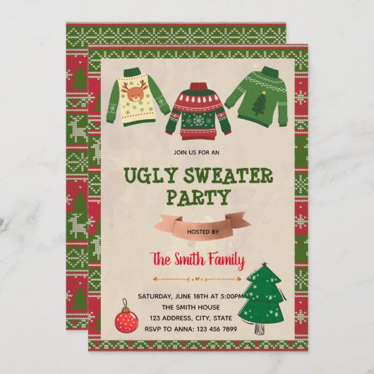 クリスマスの醜いセーターの招待状 招待状 (正面/裏面)