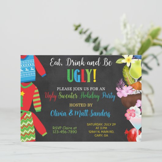 クリスマスの醜いセーターパーティの招待状。 招待状 (スタンド正面)