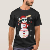 クリスマスの野球の雪だるまのサンタの帽子のギフト Tシャツ (正面)