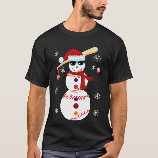 クリスマスの野球の雪だるまのサンタの帽子のギフト Tシャツ (正面)