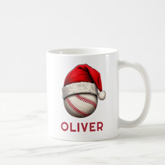 クリスマスの野球ボール赤いサンタ帽子の名前 コーヒーマグカップ (右)