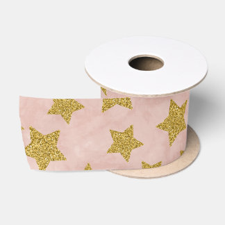 クリスマスの金きらめく星とウォーターカラーピンク サテンリボン