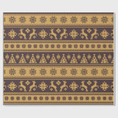 クリスマスの金ゴールドおよびブラウンのシカおよび木パターン ラッピングペーパー (フラット)