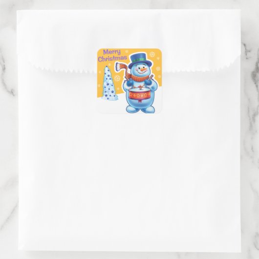 クリスマスの金ゴールドの正方形のステッカーの雪だるまのドラマー スクエアシール (バッグ)