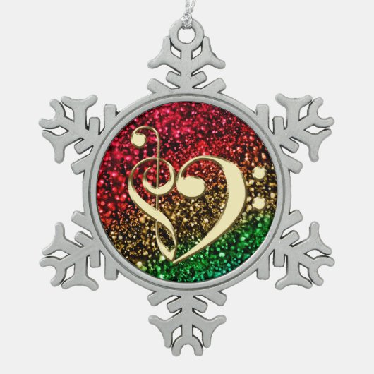 クリスマスの金ゴールド音楽クレフ、音符記号のハートの休日のオーナメント スノーフレークピューターオーナメント (正面)