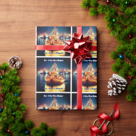 クリスマスの金色のライトの船 ラッピングペーパー
