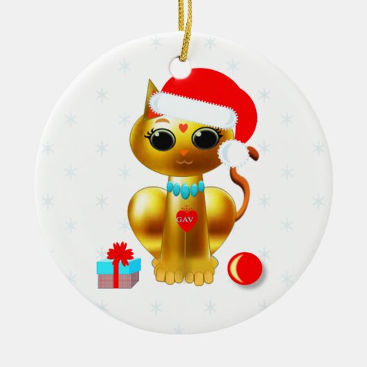 クリスマスの金色の子猫のキャラクター セラミックオーナメント (正面)