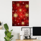クリスマスの金色の雪の結晶 赤い背景 ポスター (ホームオフィス)