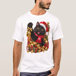 クリスマスの金色の飾りがついた黒猫 Tシャツ