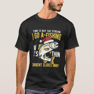 クリスマスの釣りサンタと魚の面白いデザイン Tシャツ