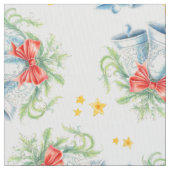 クリスマスの銀のベルと赤いリボンの水彩アート ファブリック (クローズアップ)