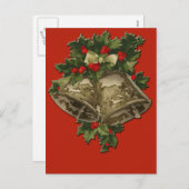 クリスマスの鐘と緋色の背景のホリー シーズンポストカード (正面/裏面)