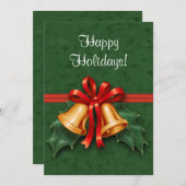 クリスマスの鐘と緑のホリーリーフ 招待状 (正面/裏面)