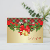 クリスマスの鐘、ヒイラギおよびタータンチェックはRSVPを模造します 出欠カード (スタンド正面)