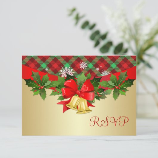 クリスマスの鐘、ヒイラギおよびタータンチェックはRSVPを模造します 出欠カード (スタンド正面)