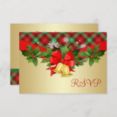 クリスマスの鐘、ヒイラギおよびタータンチェックはRSVPを模造します 出欠カード (正面/裏面)