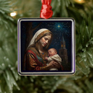 クリスマスの降誕シーン: 聖母マリアとイエス メタルオーナメント