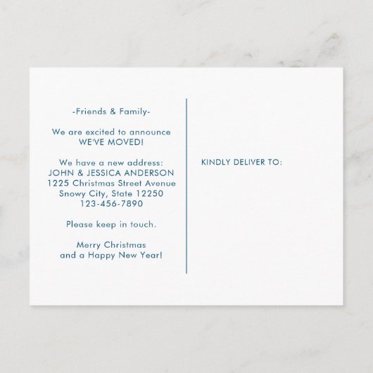 クリスマスの降雪の休日の移動のための新しい家 案内ポストカード (裏面)