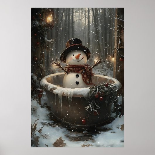 クリスマスの雪だるまがバスタブプリントを取る、冬 ポスター (正面)