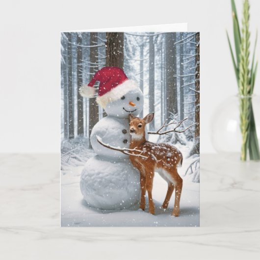クリスマスの雪だるまが子鹿を抱きしめる シーズンカード (正面)