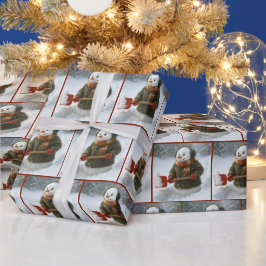 クリスマスの雪だるまが雪かき ラッピングペーパー