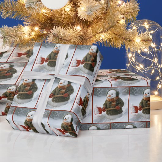 クリスマスの雪だるまが雪かき ラッピングペーパー (クリスマス)