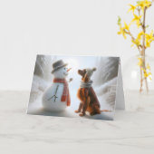 クリスマスの雪だるまとアイルランドセッター犬 カード (黄色い花)