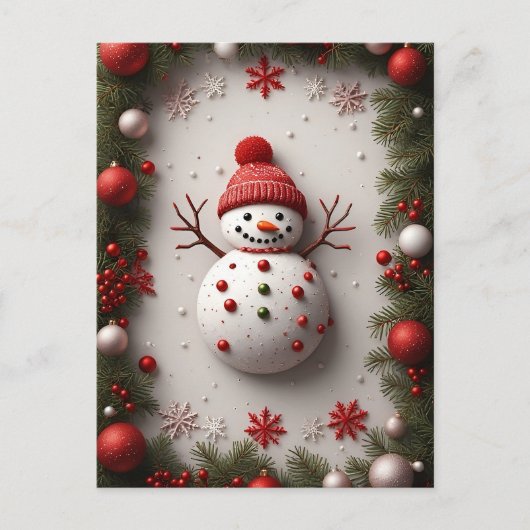 ❄️ クリスマスの雪だるまとモミの木の輝き 🎄 冬 ポストカード (正面)