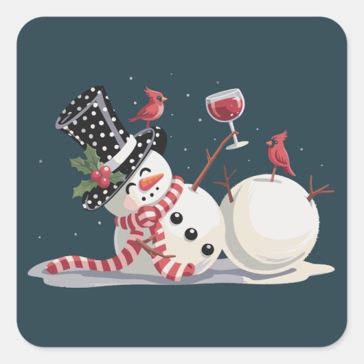 クリスマスの雪だるまとワインのギフト クリスマスの飲み物 スクエアシール (正面)
