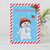 クリスマスの雪だるまと可愛い赤い鳥のクリスマスカード (スタンド正面)