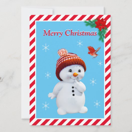 クリスマスの雪だるまと可愛い赤い鳥のクリスマスカード (正面)