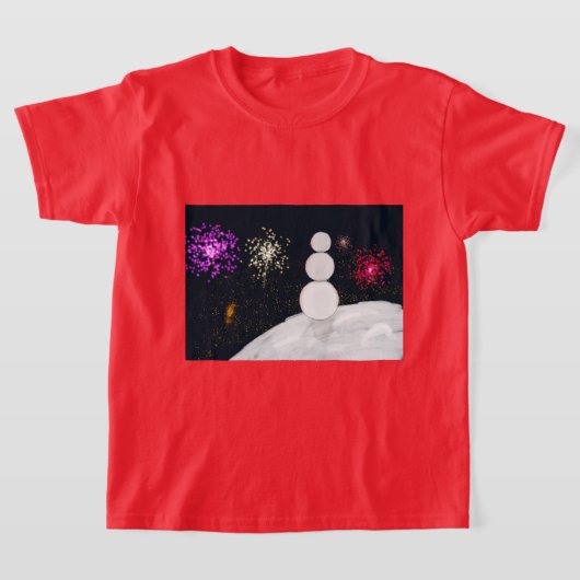 クリスマスの雪だるまと花火のキッズTシャツ Tシャツ (レイダウン)