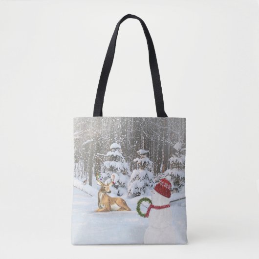 クリスマスの雪だるまと鹿 トートバッグ (正面)