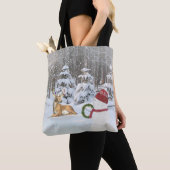 クリスマスの雪だるまと鹿 トートバッグ (クローズアップ)