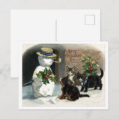 クリスマスの雪だるまの周りの小さな猫たち、ヴィンテージ ポストカード (正面/裏面)