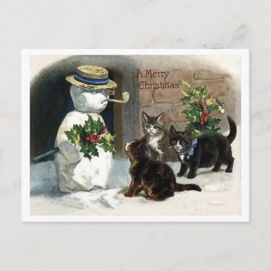 クリスマスの雪だるまの周りの小さな猫たち、ヴィンテージ ポストカード (正面)