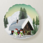 クリスマスの雪だるまの情景 ラウンドクッション (正面)